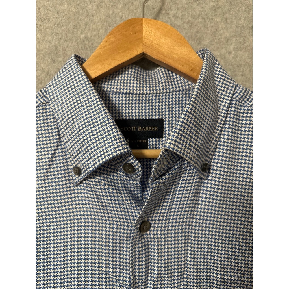 Scott Barber Button Down Shirt Mens L Blue Houndstooth Cotton Long Sleeve